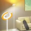 Torchiere Floor Lamp for Bedroom, 75.5 Inch Tall Corner Standing Lamp for Living Room with Rotatable Ring Lights, 36W Bright Dimmable LED Floor Light with Remote Control for Reading Office (White)