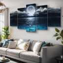 5 Parts Wall Art Moon Sea Ocean Landscape Picture Canvas Wall Art Print Paintings Modern Artwork for Living Room Wall Decor and Framed Ready to Hang Frame Waterproof (16x24inchx2,16x32inchx2,16x40x1)