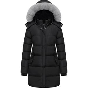 Women's Winter Thicken Puffer Coat (Standard & Plus Size) Warm Snow Jacket with Fur Removable Hood (Black, S)
