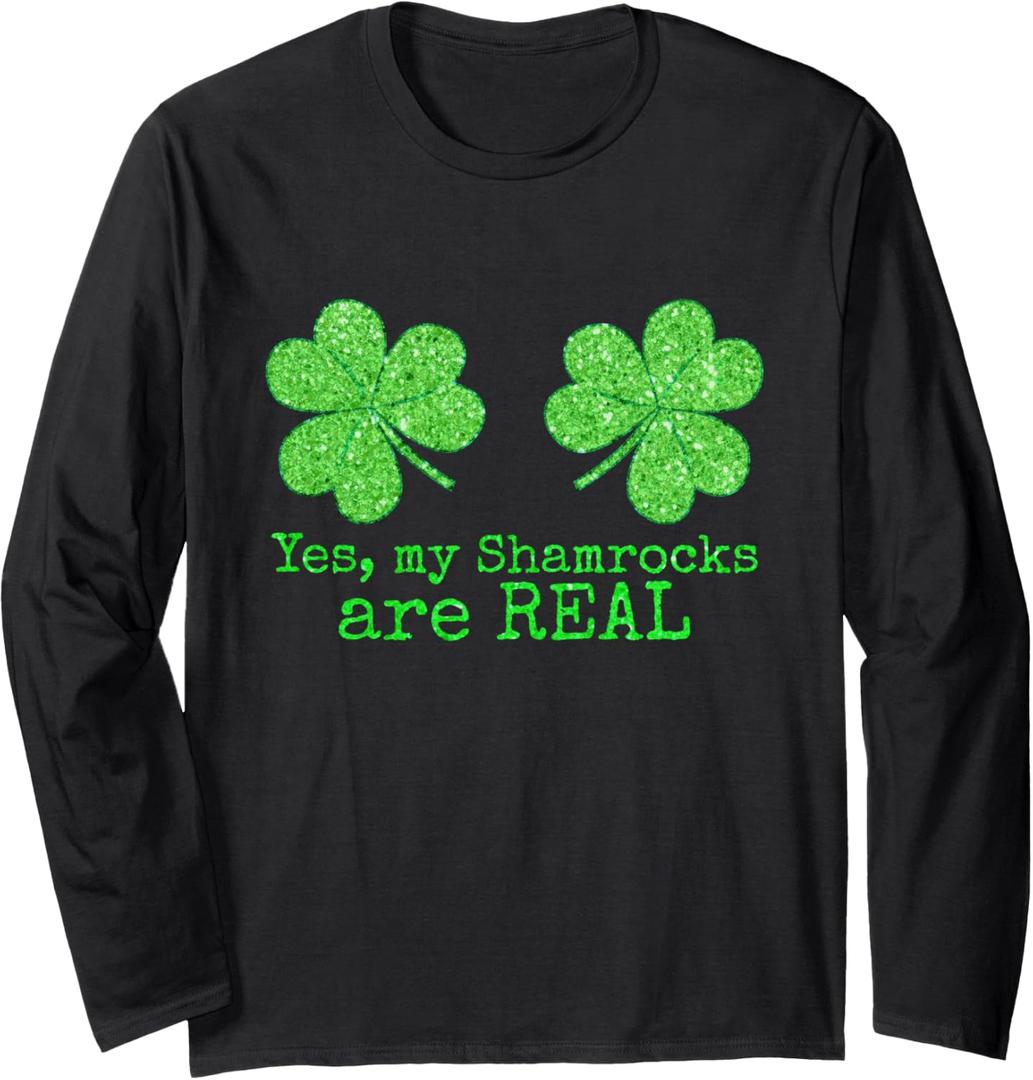 Shamrock Boobs St Patricks Day LS Shirt Long Sleeve T-Shirt (Large, Black)