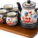 polish pottery style porcelain ceramic 10 piece Tea set,7.2oz tea cup and sauce set of 4,28.2oz teapot and 1wooden tray (Honey Bee Flower) (Black)