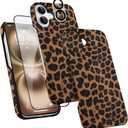 OOK for iPhone 16 Case with Screen Protector + Camera Lens Protector, Retro Cool Leopard Print Cheetah Half-Wrapped PU Phone Case for Women Men, Slim Minimalist Hard PC Case Cover, Brown