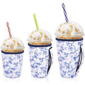 Iced Coffee Sleeve Insulator Sleeves for Cold Drinks Beverages, 3 Pack Reusable Neoprene Cup Sleeve with Handle for 16-32oz Coffee cups (Abstract Floral China)