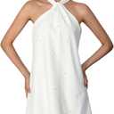 Floerns Women's Pearl Beaded Halter Twist Sleeveless Tie Back Dress A Line Dress (White)