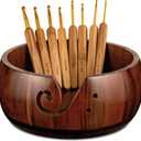 Wooden Yarn Bowl Holder, Craft Knitting Bowl with 8pcs Metal Crochet Hooks, 7.9''Large Yarn Holder Dispenser Yarn Storage Bowls, for Knitters & Crocheters (Brown 7.9 inch)