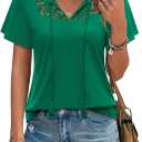 Uhiger Womens Boho Tops Short Sleeve Convertible V Neck Blouses Lace Trim Tassel Tie Front Flowy Chic Vacation Outfits (Green, XL)