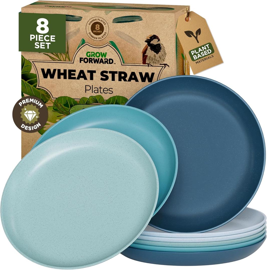 Grow Forward Premium Wheat Straw Plates - 8 Inch Reusable Hard Plastic Dinner Plates Set of 8 - Unbreakable Microwave Safe Plates for Dessert, Camping, RV, Outdoors, Patio, Kitchen Dishes - Seascape