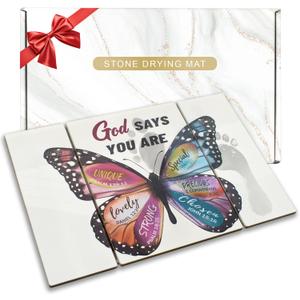 Olicard Foldable Stone Bath Mat - Quick Dry Diatomaceous Earth Bath Mat with Non Slip Pad, Absorbent Stone Shower Mat for Bathroom, Butterfly Bathroom Decor, Inspirational Gift for Women