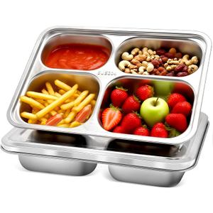 Zkptops 2 Pack Stainless Steel Snack Containers with Lids Portion Control Divided Plate 4 Compartments Metal Food Tray Reusable Bento Snack Boxes for Adults Food Storage Container for School Home