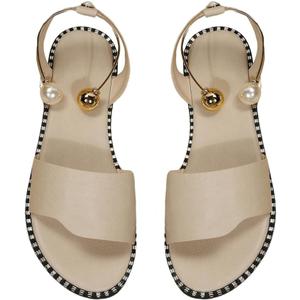 OYOANGLE Women's Pearl Decor Clear Straps Open Toe Flat Sandals Leather Outdoor Beach Sandals (8.5, Beige)