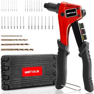 WETOLS Pop Rivet Gun Kit with 200 Blind Rivets, Upgraded Manual Single Hand Riveter with 4 Tool-Free Interchangeable Rivet Heads and 4 Drill Bits, Pop Rivet Tool Kit with Sturdy BMC Carrying Case (Red)