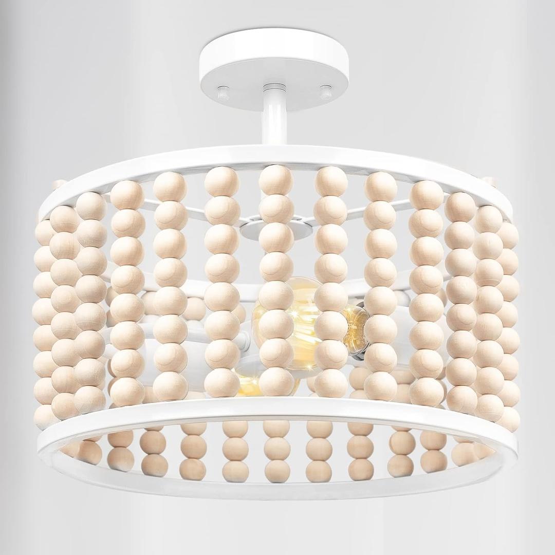 White Wood Beaded Boho Chandelier - Modern Nursery Ceiling Light Fixture, Beaded Semi Flush Mount Light, Farmhouse Lights for Bedroom Hallway Foyer Living Kids Room