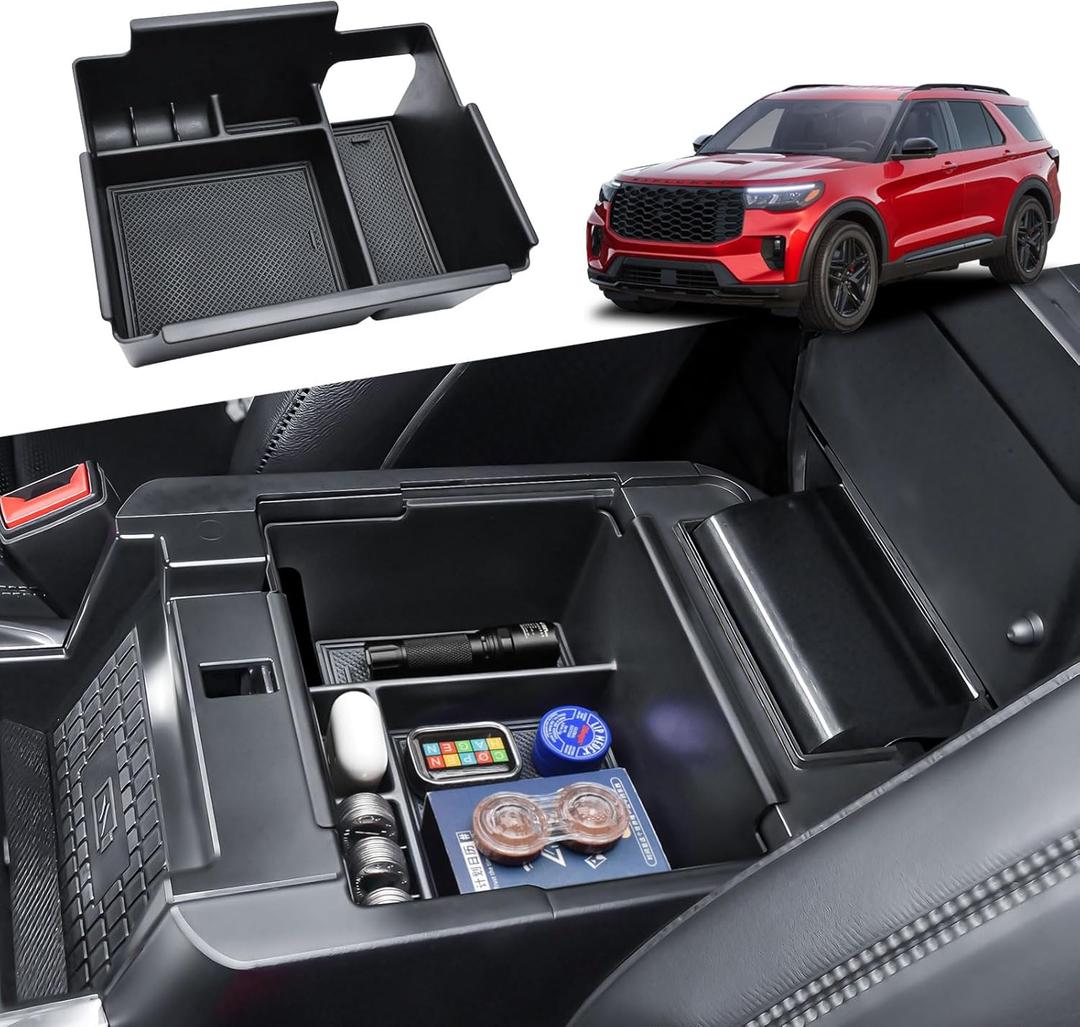 RUNROAD Center Console Organizer Tray Compatible with 2026 2025 2024 2023 2022 2021 2020 Ford Explorer Accessories, Armrest Storage Box For Explorer XLT Limited Platinum Middle Console Dividers, Black