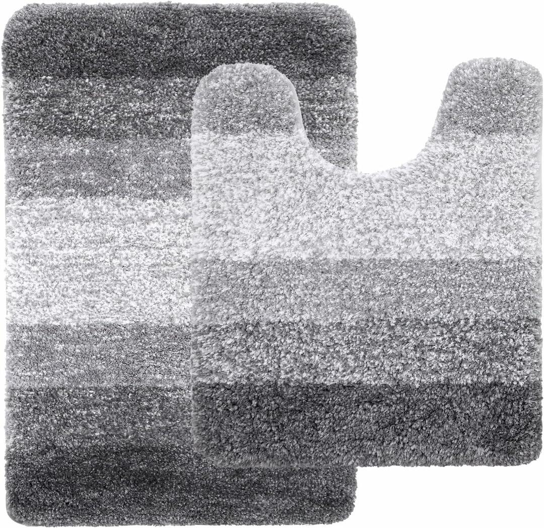 Arotive Microfiber Bathroom Rugs and Toilet Rugs U-Shaped, Bath Rug Size 24x16 and Toilet Rugs Size 20x20 in Grey, 2 Item Bundle
