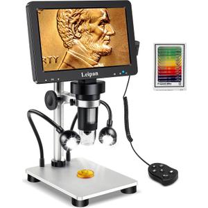 7" LCD Digital Microscope 1200X,Leipan 12MP Coin Microscope with Screen for Adults,1080P Coin Magnifier with 12pcs Slides,Wired Remote,2 Side Lights,Windows/Mac OS Compatible
