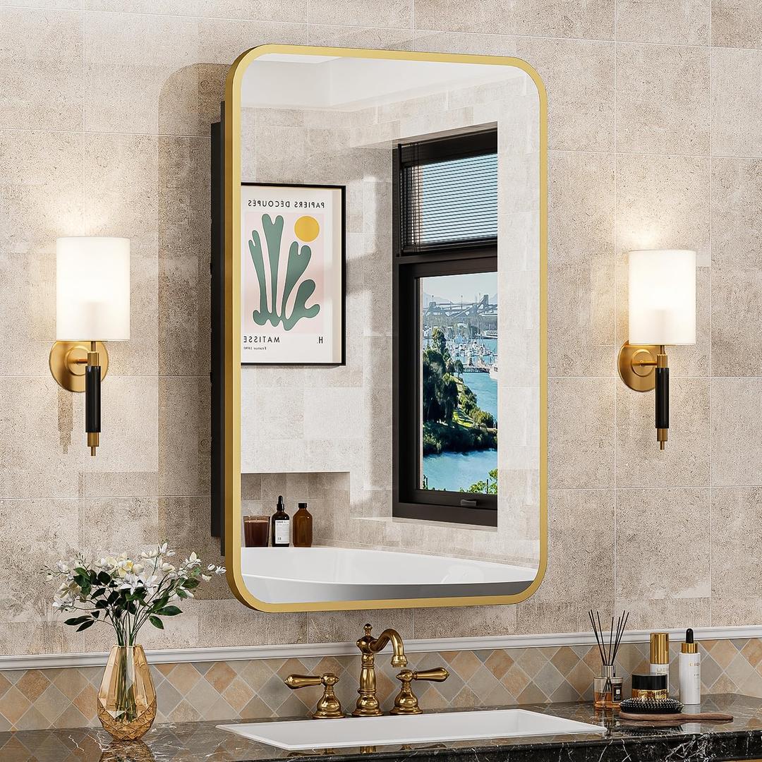 ACEMIRO 16x24 Inch Mirror Medicine Cabinet for Bathroom Gold Metal Frame Bathroom Medicine Cabinet with Mirror Recessed or Wall Mounted