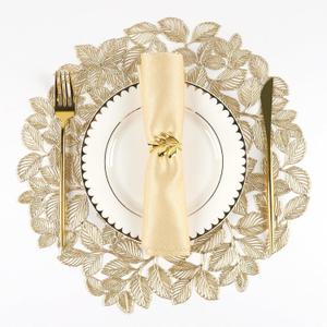 Evevda Gold Leaf Placemats Set of 6 Metallic Table Place Mats Wipeable Round Pressed Vinyl Dining Mats for Kitchen Decorations Gatherings Wedding Dinner