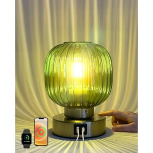 Touch Small Table Lamp,Elegant Green Glass Bedside Lamp 3 Way Dimmable with USB C+A Charging Ports  Bedroom Nightstand & Living Room Essential, 4W Bulb Included (Green)