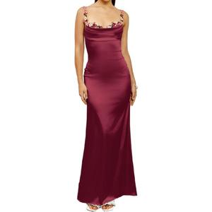 Colysmo Women's Satin Spaghetti Strap Slip Bodycon Maxi Dress Sleeveless Wedding Guest Elegant Evening Party Dresses Size L