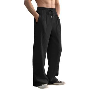 Quskc Men's Baggy Sweatpants Straight Leg Open Bottom Corduroy Pants Casual Drawstring Waist Joggers with Pockets, Black, Size XL