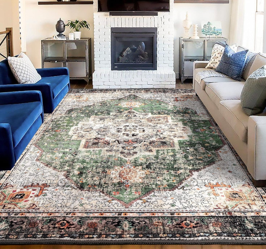 Green Boho Area Rug 6x9 Washable Large Vintage Rug for Living Room Bedroom Office Kitchen Entrance Dining Room Non Slip Soft Low-Pile Farmhouse, Green/Multi