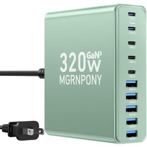 320W USB C Charger Block, 10-Port USB C Charging Station GaN III PD 65W PC Laptop Fast Charger Adapter for MacBook Pro/Air, DELL, iPad, iPhone, Samsung Galaxy (Green)