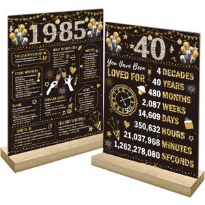Black Gold 40th Birthday Decorations for Men Women Include Wooden Two-Sided Vintage 40 Back in 1985 Table Sign Poster with Stand Forty Birthday Theme Party Table Decor Display Holder