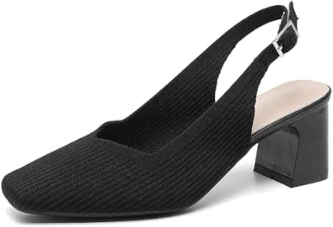 Women's Knit Slingback Heels Pumps with Adjustable Ankle Strap Fashion Breathable Closed Square Toe Chunky Heel Mules Sandals Work Office Wedding Dressy Shoes (Black) Size: 37
