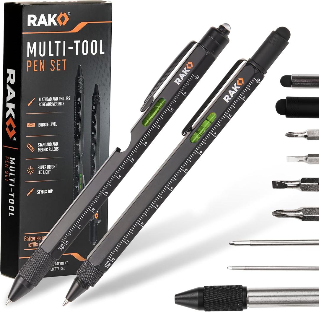 RAK Multitool Pen - Multi-Tool Pen Set 11 in 1, LED Light, Screwdrivers, Level, Ruler, Bottle Opener, and Stylus. Cool Gadgets Gifts for Men, Dad, EDC Tactical Pen Tool, Gift-Ready Box, Pack of 2