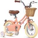Glerc Little Molly 12-20 Inch Kids Retro Cruiser Bike for 2-13 Year Old with Wicker Basket & Training Wheels/Kickstand, Multiple Colors (Peach)