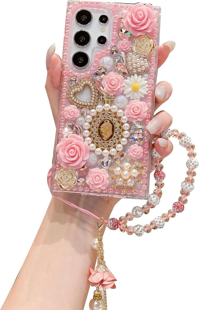 iFiLOVE for Samsung Galaxy S25/S24 Bling Diamond Case with Flower Strap, 3D Luxury Sparkle Glitter Crystal Rhinestone Pearl Love Rose Wristband Bracelet Case Cover for Girls Women Kids (Pink)