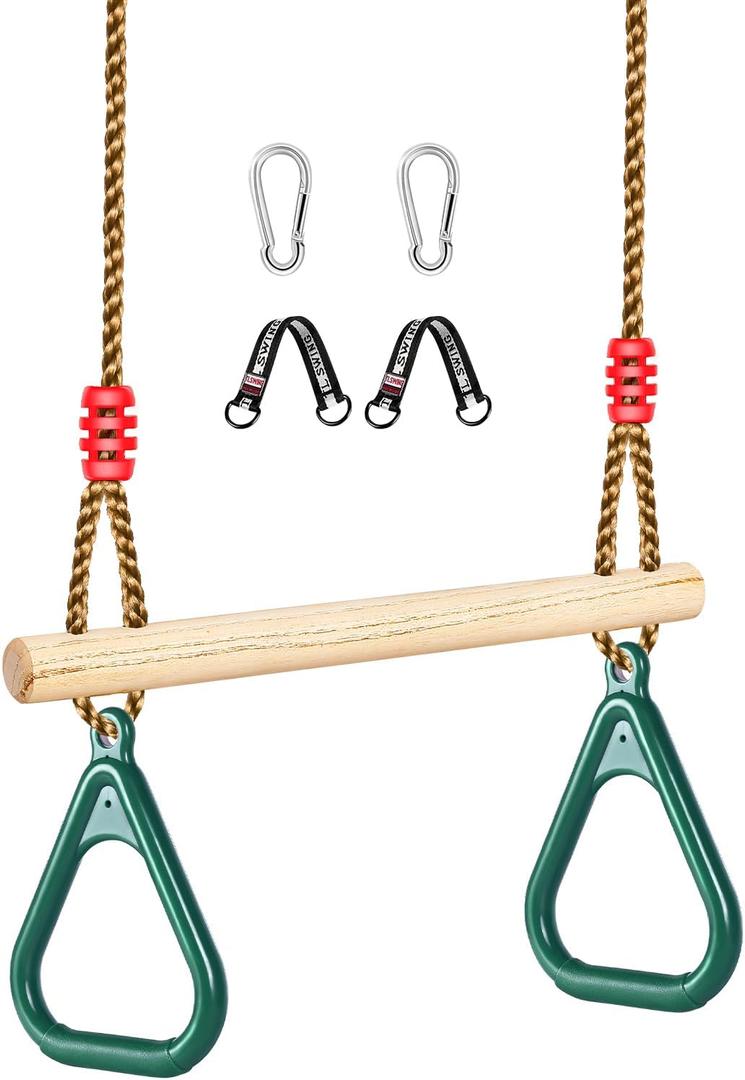 LadyRosian Wooden Trapeze Swing Bar, Adjustable Height Swing Set, Gym Rings, Playground Attachments, 16.5" Monkey Bar for Backyard, Playground, Playroom (Green)