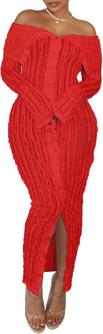 Womens Sexy Off Shoulder Maxi Dress Pleated See Through Flare Sleeve Button Down Slit Bodycon Long Dresses (Medium, Red)
