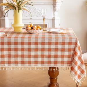 Checkered Fall Tablecloth Rectangle Cotton Linen Gingham Table Cloth with Tassel Washable Wrinkle Free Heavy Duty Buffalo Plaid Table Cover for Dining/Party/Picnic (Orange, 55" x 70" (Rectangular))