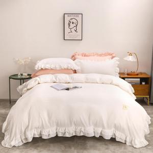 Ruffle Duvet Cover King Size,Soft and Breathable Washed Microfiber Bedding Set,3 Pieces,1 Duvet Cover with Zipper Closure & Corner Ties and 2 Pillow Shams,104 X 90 Inches (King,White) (White (No Comforter))