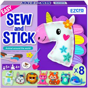 EZCRA Unicorn Sewing Kit for Kids - 8-in-1 Kids Sewing Kit - Easy to Do Craft Kits for Ages 4-8 - Sewing Crafts - Extra Felt Stickers for Decoration - No Mess with Full Instructions (Animal)