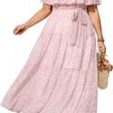 Plus Size Chiffon Off The Shoulder Maxi Long Floral Summer Casual Beach Boho Sundress Women 2024, Pink Floral, W14