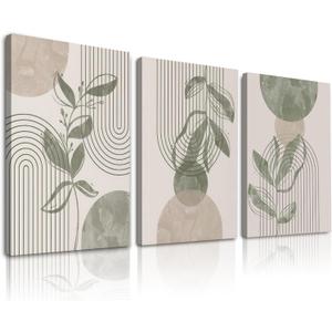 Aroutde Sage Green Boho Wall Art, Framed Canvas Wall Art Minimalist Botanical Geometric Line Leaf Sun Moon Beige Poster Prints Aesthetic Room Decor for Living Room Bedroom Set of 3 (30x40CM)