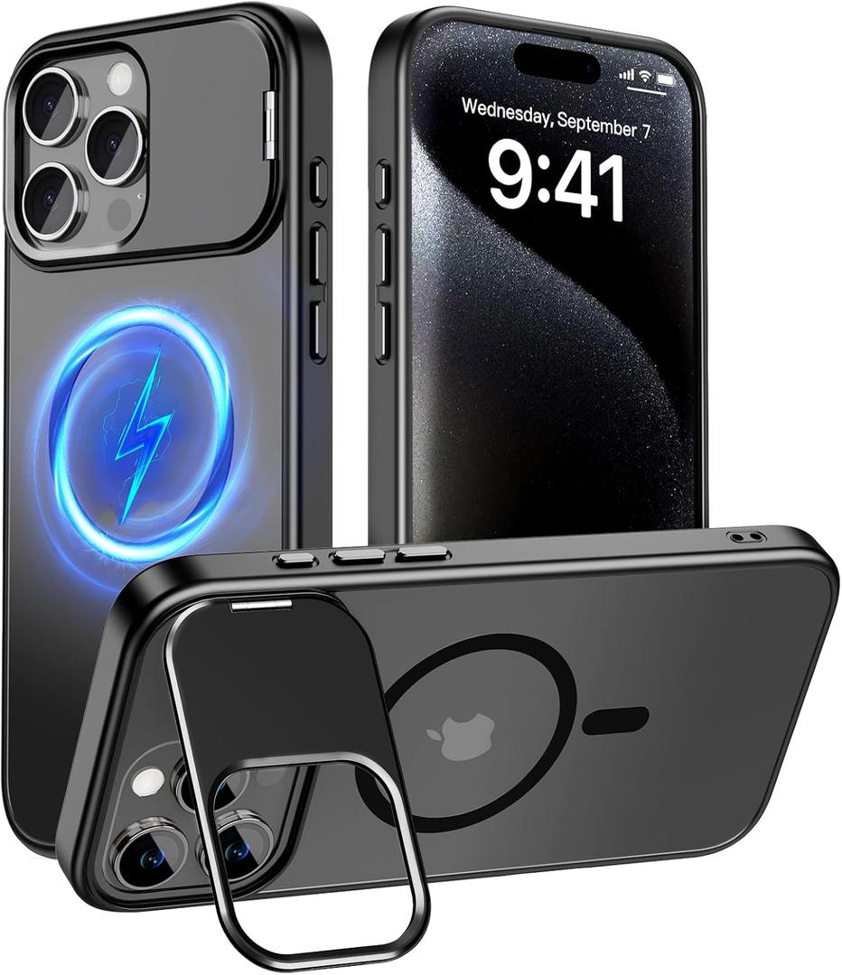 Innaght Magnetic for iPhone 15 Pro Case with Stand,Compatible with MagSafe,Rugged,Heavy Duty,Protective case Kickstand,[Built-in Invisible Stand],Black