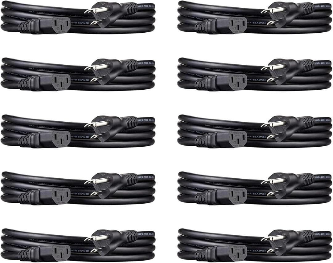 Amazon Basics PC Power Cord for Monitor, Computer, TV, 3 Prong, 18 AWG, 125 Volts, 6 feet, Black, 10-Pack, UL Listed