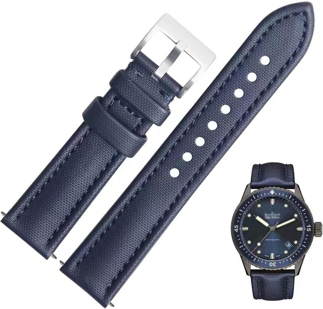 Nylon Leather Watch Band Quick Release Waterproof Resistant Oxford Fabric Durable Hybrid Premium Nylon Fiber Genuine Leather Universal Replacement Strap 18mm 19mm 20mm 21mm 22mm for Men Women (Blue)