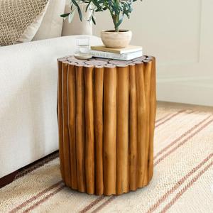 Teak Side Table, Wooden Branch Bundle Accent Table, Natural Wood End Table, 13.8" x 13.8" x 17.7"