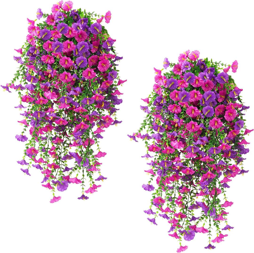 Fanfantoey Artificial Hanging Flowers for Outdoors, 2Pcs UV Resistant Fake Flowers, Realistic Faux Petunias Silk Long Vines Morning Glory Eucalyptus for Outside Planter Porch Patio Home Decor, Mix