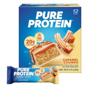 Pure Protein Caramel Churro Protein Bars 20g Protein, 3g Sugar, 190 Calories (12 count) Low Sugar* High Protein Snack - Gluten Free - Perfect for a Healthy Snack (EXP 02/11/27)