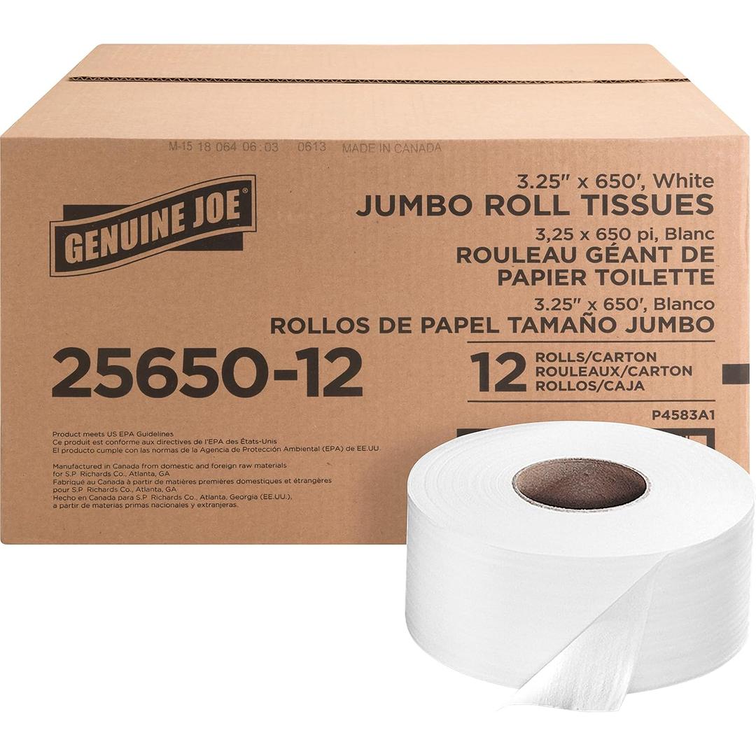 Genuine Joe Jumbo Roll Bath Tissue - 2-Ply White Toilet Paper, 3.3" x 650' per Roll, 12 Count Bulk Pack, Recycled Fiber, Commercial Grade for Dispensers