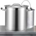 NSF 20 Quart Large Stock Pot with Lid and Basket, 18/8 Stainless Steel, 3-Ply Clad Base, Commercial Cookware for Soup, Stew & Sauce, Dishwasher Safe, 11.8"D x 12.8"W x 11.8"H, Induction Ready