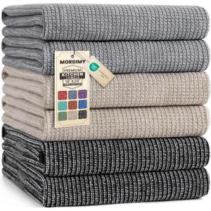 Mordimy Premium Kitchen Towels 6 Pack (18 x 28 Inches, Grey/Khaki/Black), Large Cotton Flat & Terry Kitchen Hand Towel, Super Absorbent Tea Dishtowels Set with Hanging Loop