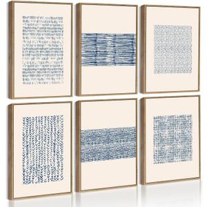 Drsoum Mid-century Boho Geometric Abstract Decor Blue White Grunge Minimalist Bohemian Wall Art Framed Canvas Prints 8"x 10"x 6pcs Natural Framed