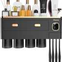 iHave Toothbrush Holders Wall Mounted with Toothpaste Dispenser & 4 Cups - Luxury Black and Gold Design for Bathroom Decor, All-in-One Bathroom Organizers & Storage for Toothbrushes and Accessories