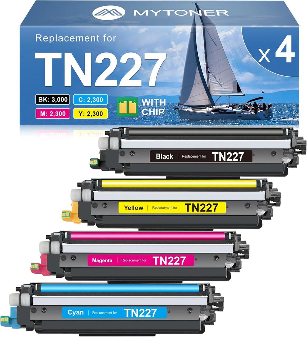 MYTONER TN227 High Yield Toner Cartridge 4 Pack Compatible Replacement for Brother TN227 TN-227 TN227BK TN223 for HL-L3210CW MFC-L3750CDW MFC-L3710CW HL-L3270CDW (TN-227BK/C/M/Y High Yield, 4Pack)